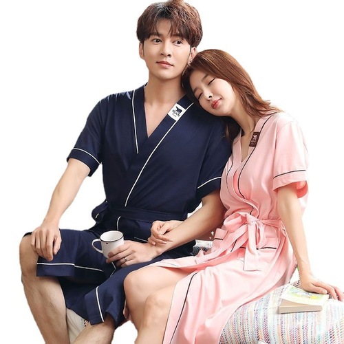 Ladies' Summer Long Bath Robe Kimono-style One-piece Medium-length Bath Robe Pure Cotton Thin Couple's Sleepwear