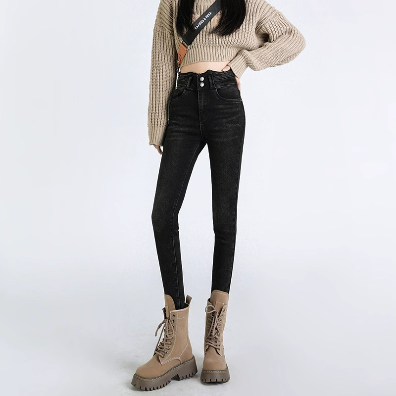 Черные джинсы с высокой талией Женский 2022 осень новый тонкий узкий эластичный тонкий маленький карандаш брюки длинные брюки