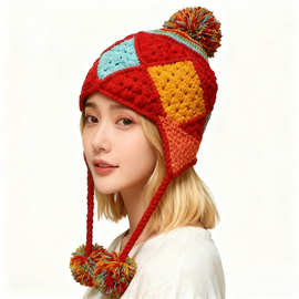 厂家直销欧美杰恩帽子 手工棒针针织拼色护耳毛线帽冬保暖成品