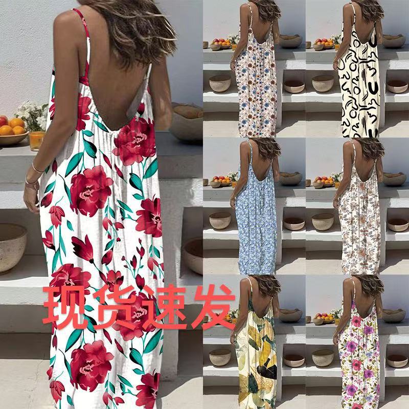 2026 European and American Temu Cross-Border Wish Foreign Trade Women's New Style Ladies' Spaghetti Strap Backless Loose Printed Long Dress