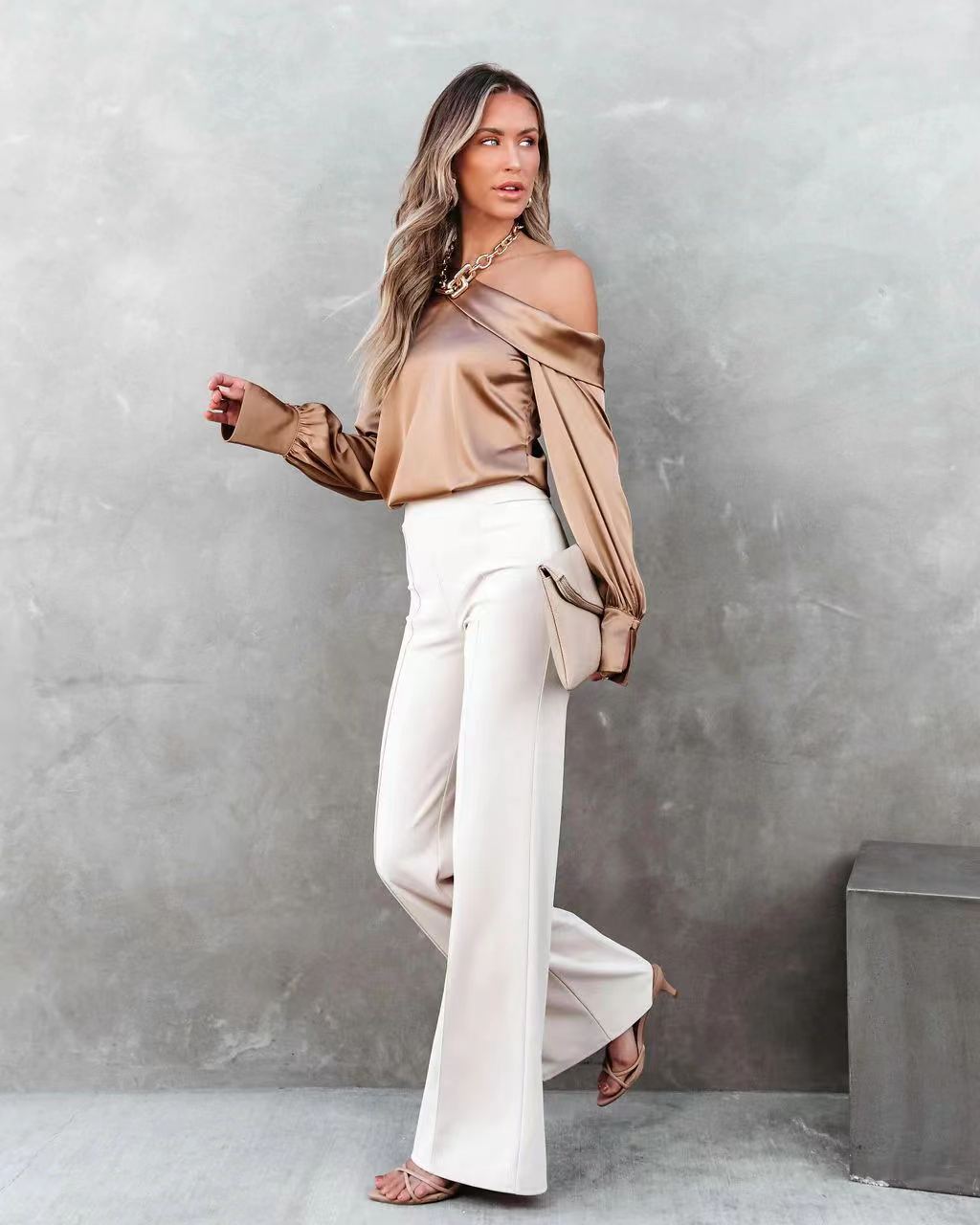 Oblique Shoulder Style Neckline Regular Fit Fit Type Wholesale Women'S Fashion Solid Color Long Sleeve Patchwork Blouses
