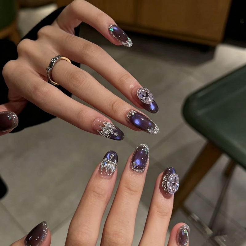 【Starry Purple Moon】New Handmade Wearable Nails with Cat Eye Effect, Luxurious and High-End Wearable Nail Tips, 10-Piece Set 【Starry Purple Moon】New Handmade Wearable Nails with Cat Eye Effect, Luxurious and High-End Wearable Nail Tips, 10-Piece Set