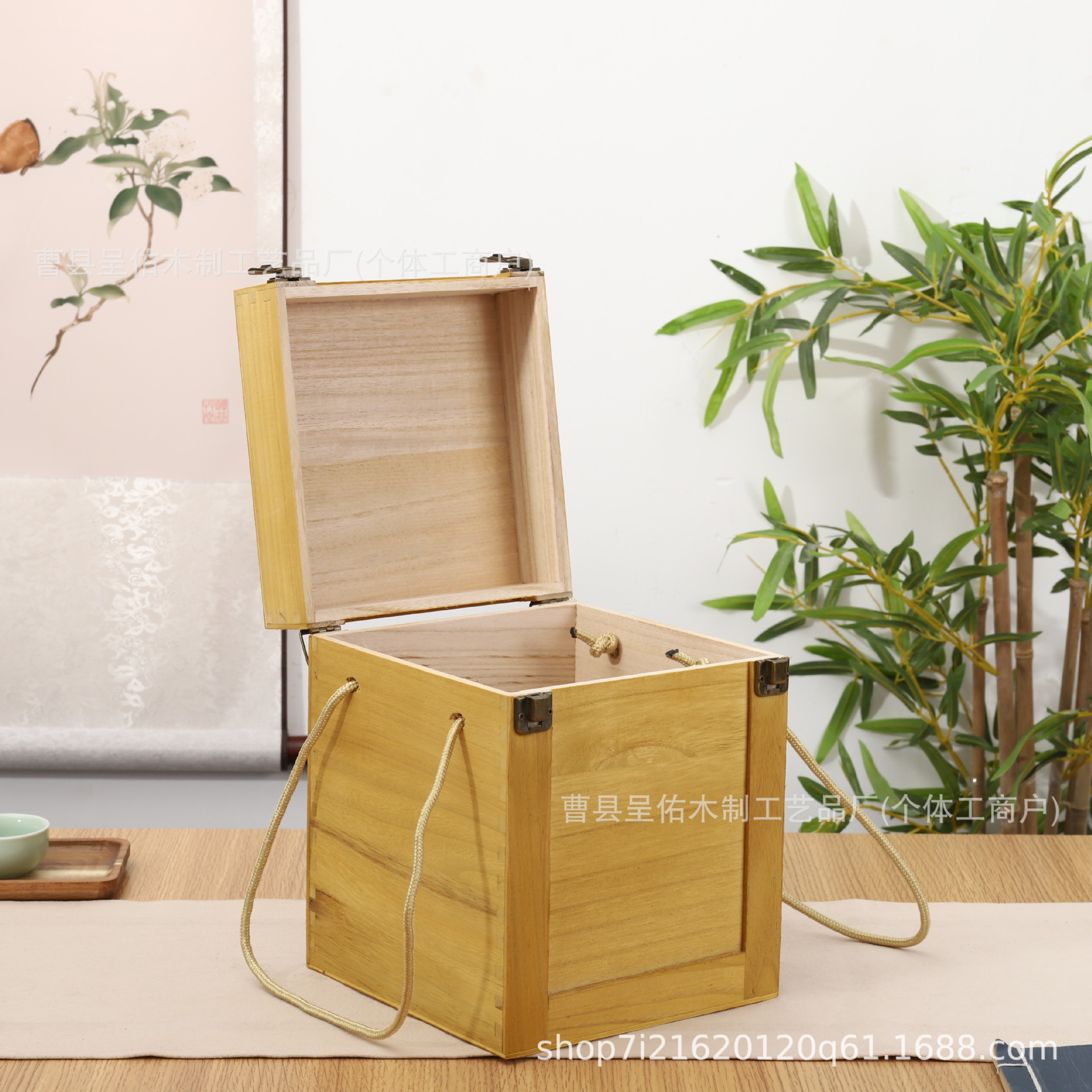 竹制酒盒包装双耳绳方形礼盒小木箱翻盖锁扣式木质酒坛收纳送礼箱