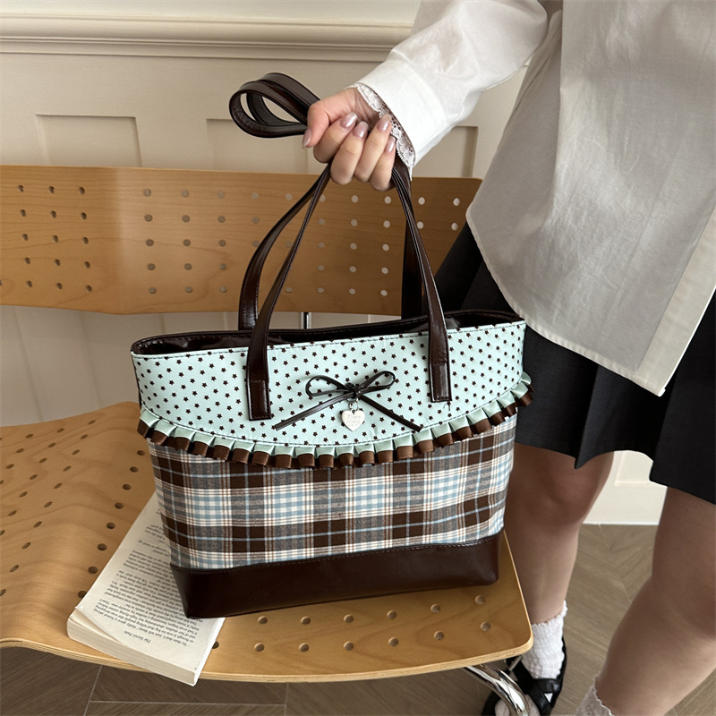 Chocolate Polka Dot Underarm Tote Bag, Plaid Mint Versatile Niche Large Capacity Korean Style Shoulder Bag, New Fashion
