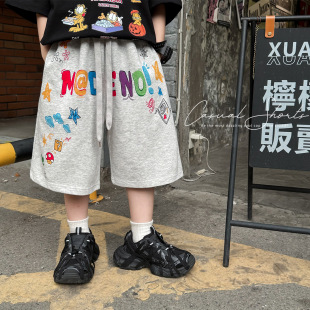 Naughty Rabbit 2025 Boys Summer Children's Wear Color Hand-painted Printed Big Children's Casual Pants Waist Rope Loose Children's Shorts Trendy