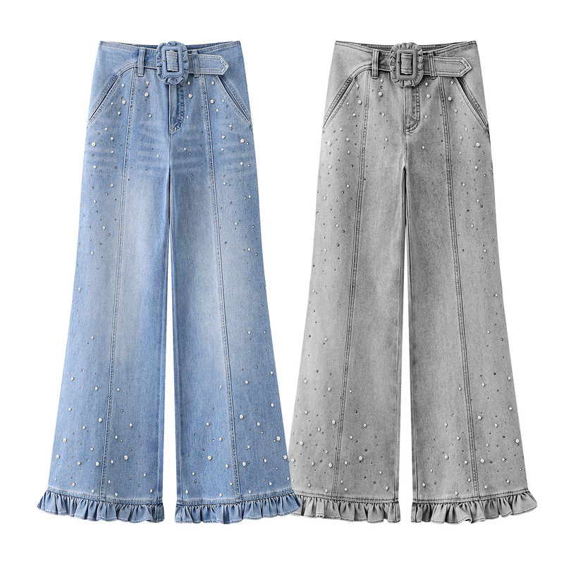 In Stock 2026 Summer New Style Beaded Ruffled Denim Casual Wide-Leg Pants Lf26X11Np312
