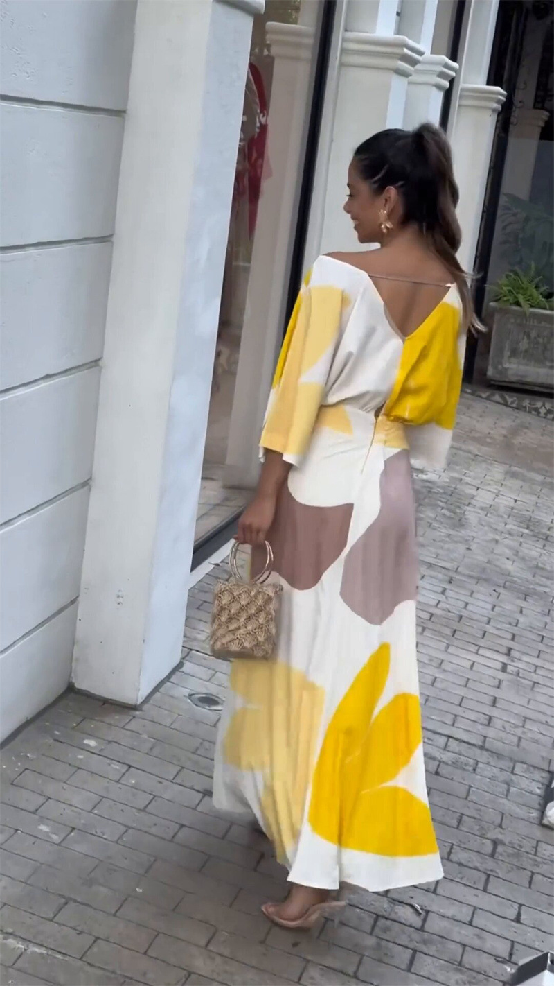 Women's Sheath Dress Simple Style V Neck Printing 3/4 Length Sleeve Color Block Maxi Long Dress Holiday Daily display picture 9