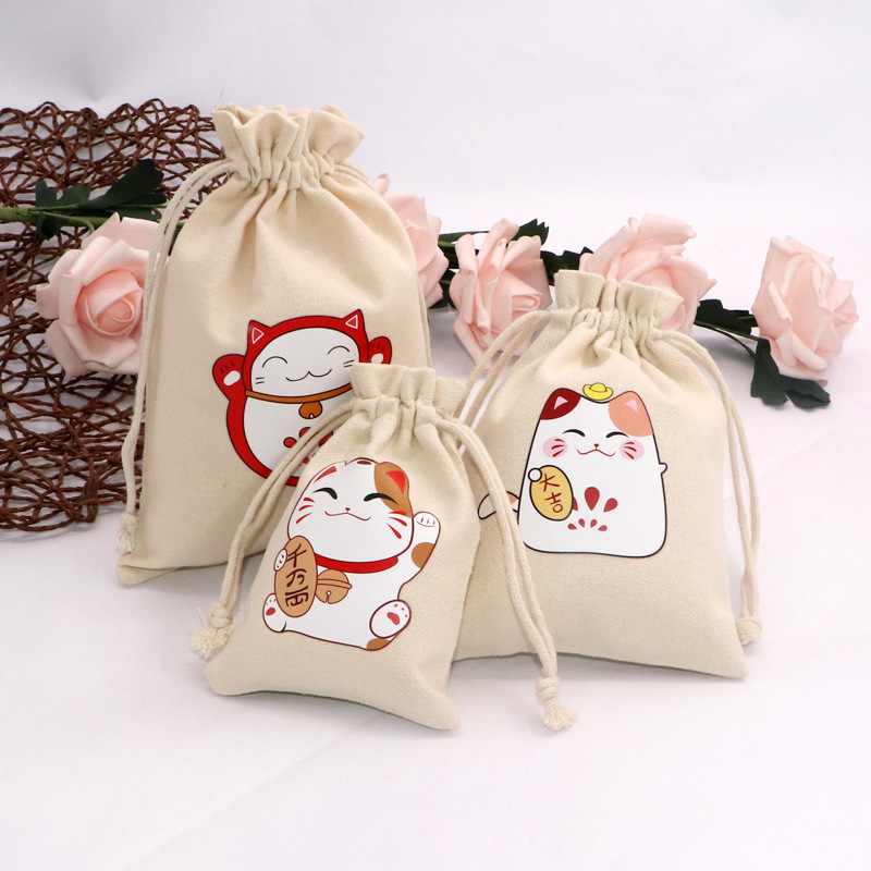 厂家生产棉布束口袋招财猫好运福袋厚实帆布袋糖果礼品束口袋