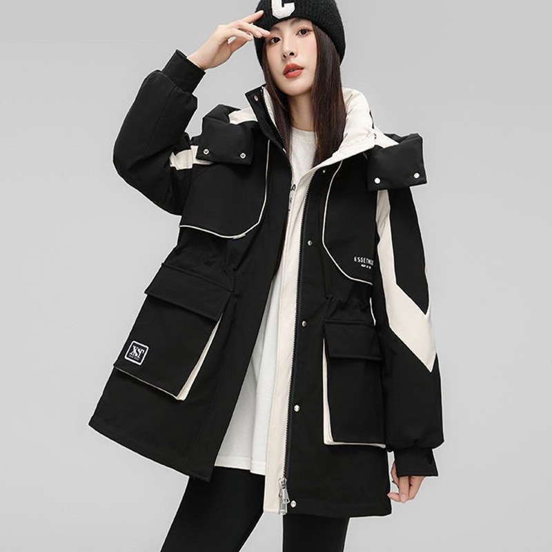 棉服女新款工装可拆帽时尚拼色中长款加厚保暖收腰棉衣外套冬