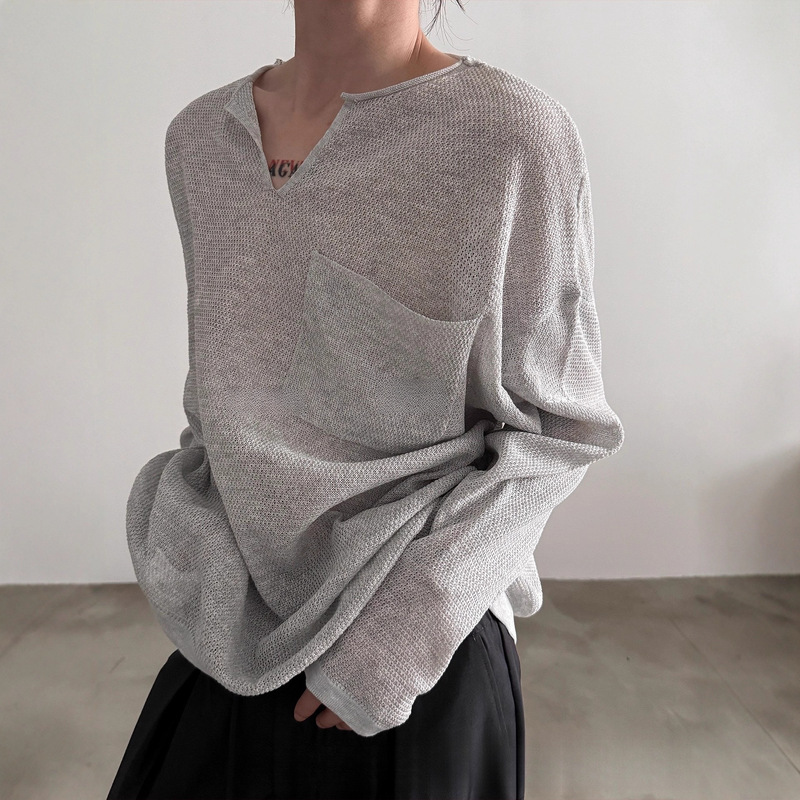 Cross-Border Hot-Selling Cut Out V Neck Long-Sleeved Knitwears for Men and Women in Spring and Summer Sun Protection Curled Lazy Loose Thin Knitwears Trendy Cross-Border Hot-Selling Cut Out V Neck Long-Sleeved Knitwears for Men and Women in Spring and Summer Sun Protection Curled Lazy Loose Thin Knitwears Trendy