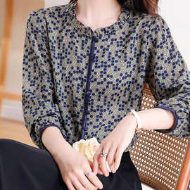 气质波点衬衫2023早秋新款衬衣女长袖中年妈妈洋气减龄雪纺上衣潮