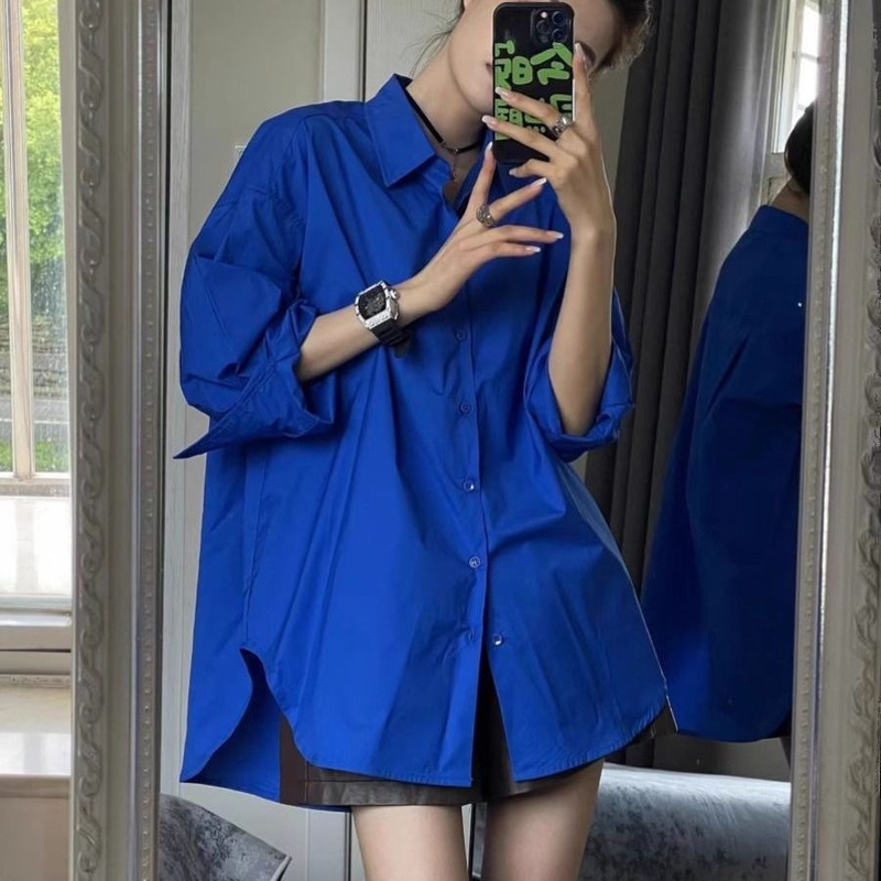 Klein Blue Long-sleeved Shirt Women's Spring and Autumn Lazy Loose Slimming Shirt Design Fashionable Top Klein Blue Long-sleeved Shirt Women's Spring and Autumn Lazy Loose Slimming Shirt Design Fashionable Top