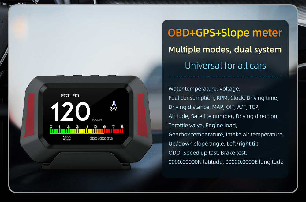 Cross-border car HUD head-up display LCD OBD multi-function water temperature fuel consumption GPS inclinometer speedometer P21