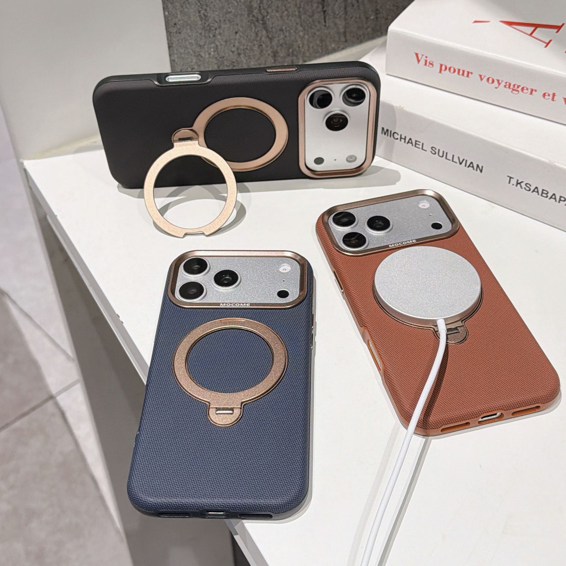 Ốp lưng da iPhone 16/17 Pro Max có vòng xoay 360 độ, nam châm hút, chống sốc viền dày — Đen, Nâu, Tím, Xanh dương chi tiết 21