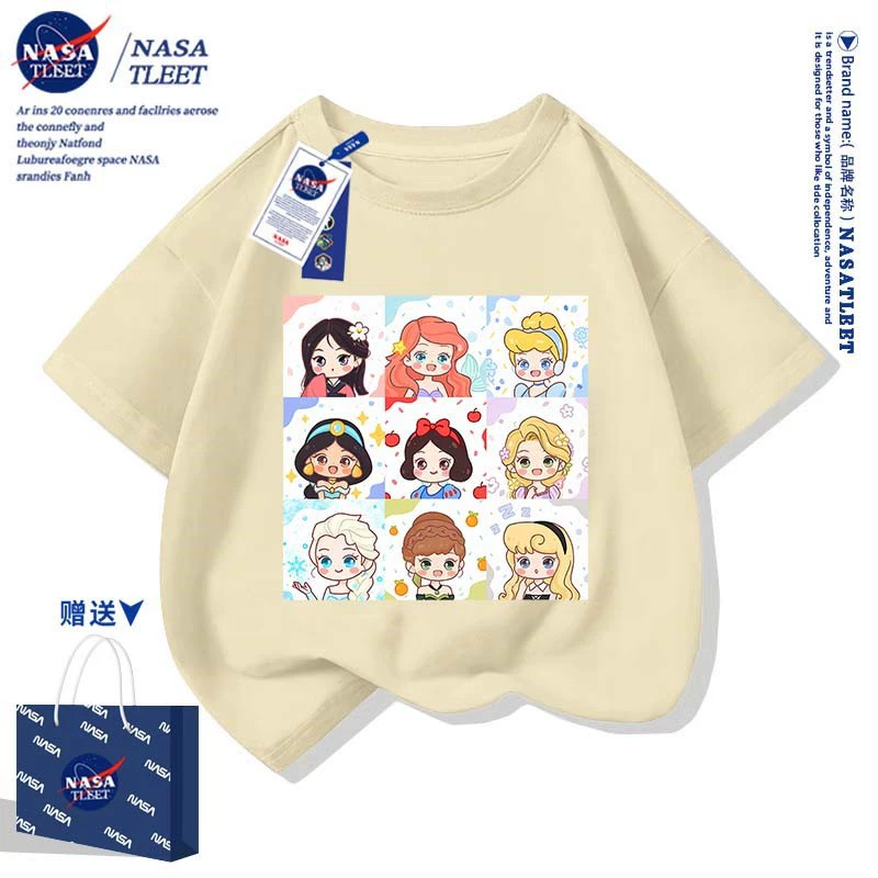 NASA совместно брендированная летняя одежда для мальчиков и девочек, принт Снежная Белоснежка, новый стиль, модная базовая футболка для учащихся начальной и средней школы