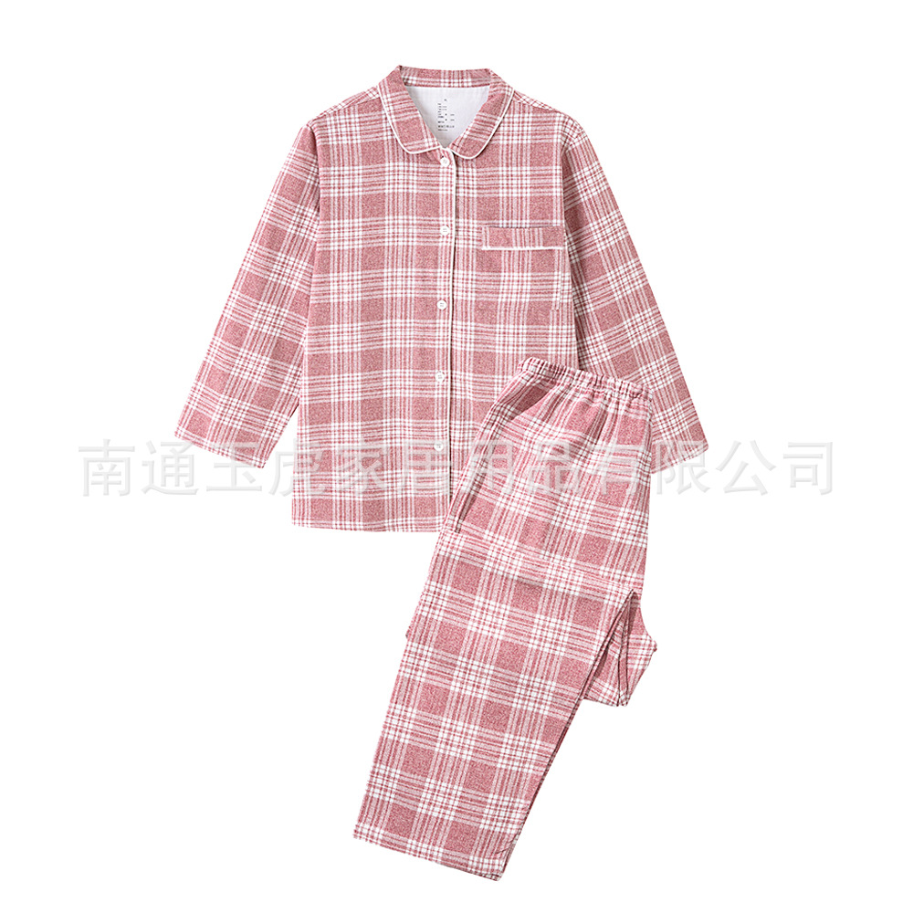 無印フランネルの家庭服の長いタイプの日本風の綿のカップルのパジャマの女性の純綿のスーツの長袖のパジャマ