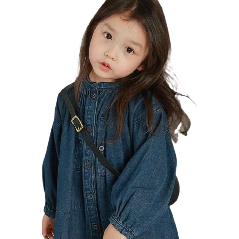 Falda para niñas con cuello alto, vestido de mezclilla lavado con botonadura sencilla, nueva colección de primavera y otoño, suministro de ropa infantil para comercio exterior.