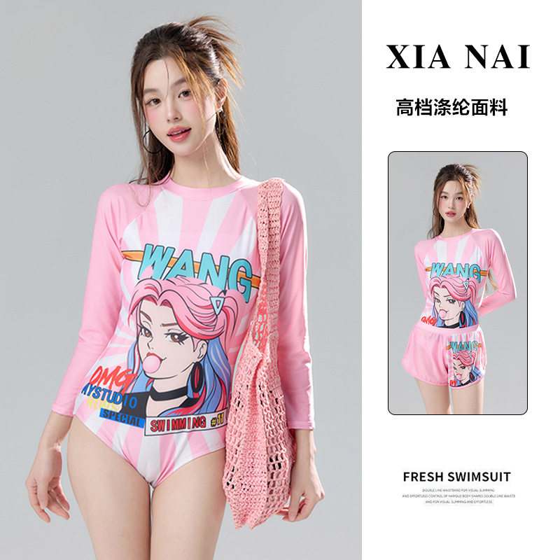 韩国ins风少女卡通保守显瘦冲浪泳衣显瘦遮肉潜水长袖防晒连体
