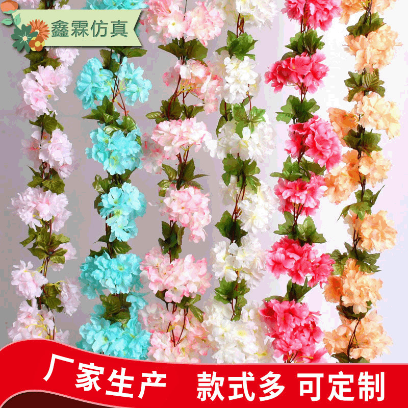 Flor de cerezo artificial tira boda flor artificial hogar Decoración artificial flor Cadena de Orquídea cadena artificial Flor de cereza Flor de seda decorativa