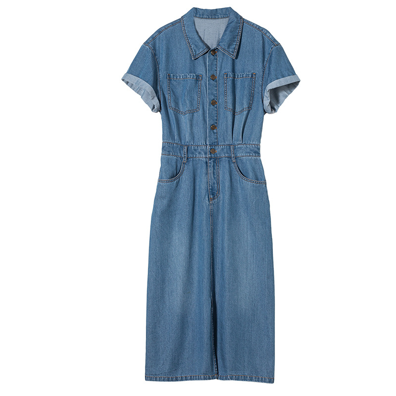 Váy denim nữ cổ polo tay ngắn cúc đơn dáng midi mùa hè — Màu xanh lam