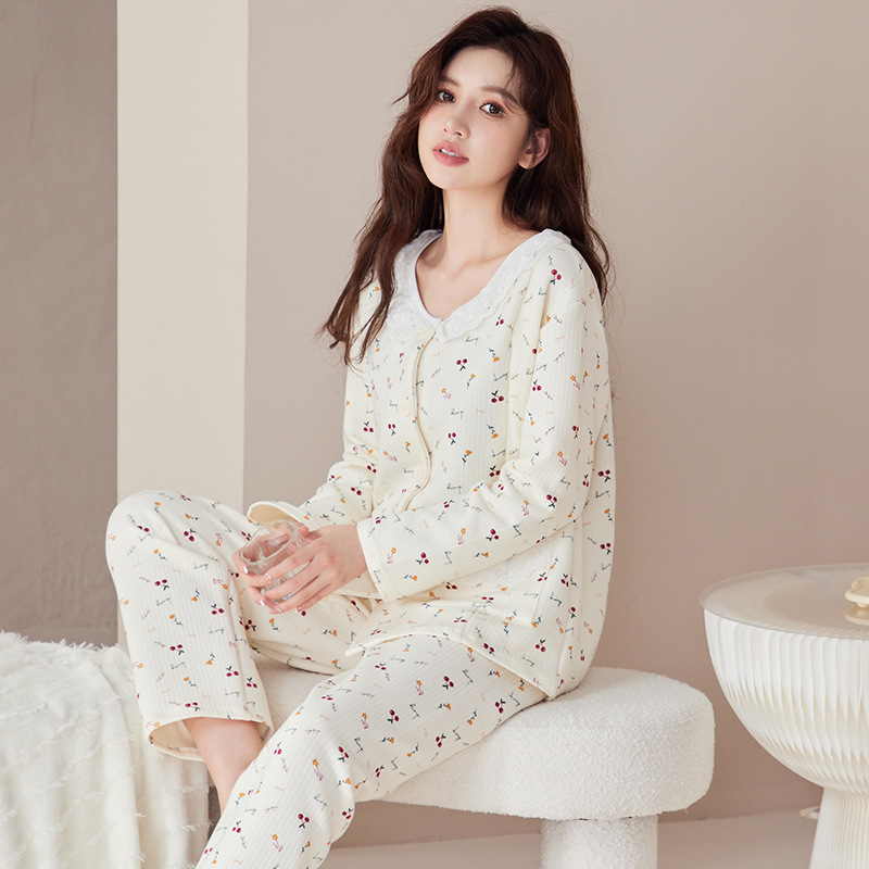 [Clearout] Autumn and Winter Pure Cotton Thickeneded Air Cotton Sandwich Confinement Clothes Postpartum Nursing Clothes Maternity Pajamas