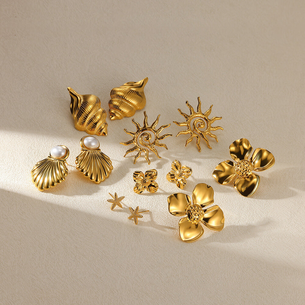 Starfish, Conch, Shell Pattern PVD Coated Real Gold Plated Starfish Conch Shell 304 Stainless Steel Vintage Style French Style Waterproof Non Tarnish Ear Studs