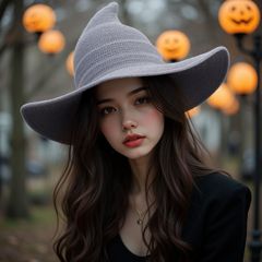 跨境专供棉纱巫师亚马逊爆款针织万圣节女巫帽尖顶可折叠魔法帽子