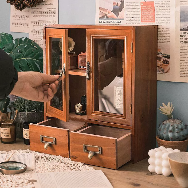 Настольный шкаф для хранения, туалетный столик, стеллаж для хранения духов, офисный стол, деревянный настольный ящик для хранения в стиле ретро, ​​аптечка