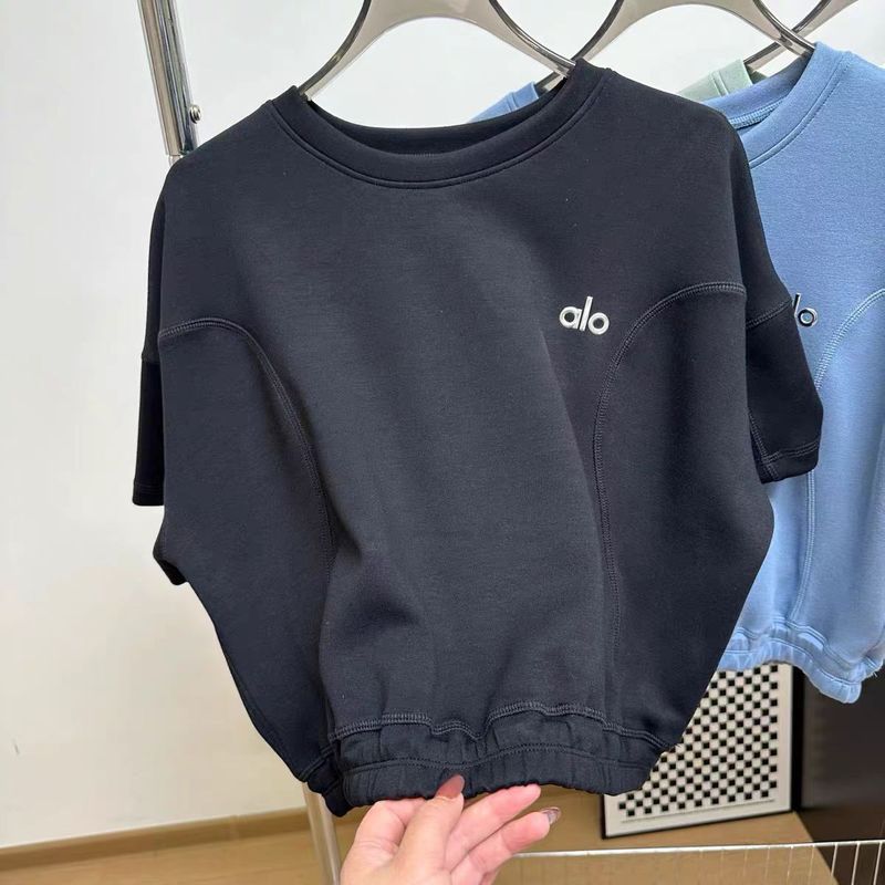 aloクラス 春夏 エアレイヤー ヨガ ショートTシャツ 伸縮性裾 おへそ出し ウエスト半袖トップス|undefined