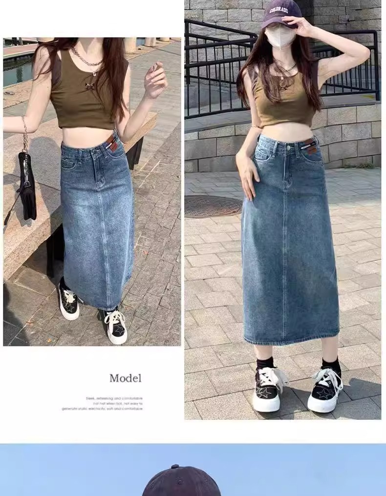 Chân váy denim nữ xẻ tà sau dáng dài vừa phối màu xanh cổ điển — 845 Soho thêu (xanh cổ điển) chi tiết 7