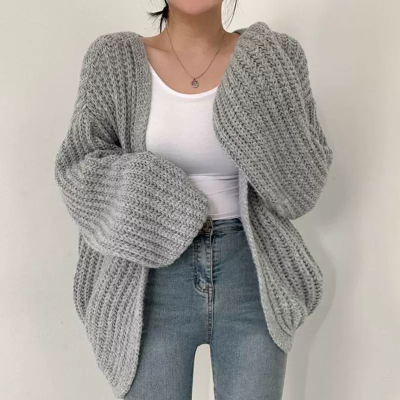 Вязаный кардиган oversize с V-образным вырезом, корейский стиль, женский, высокий воротник, единый размер