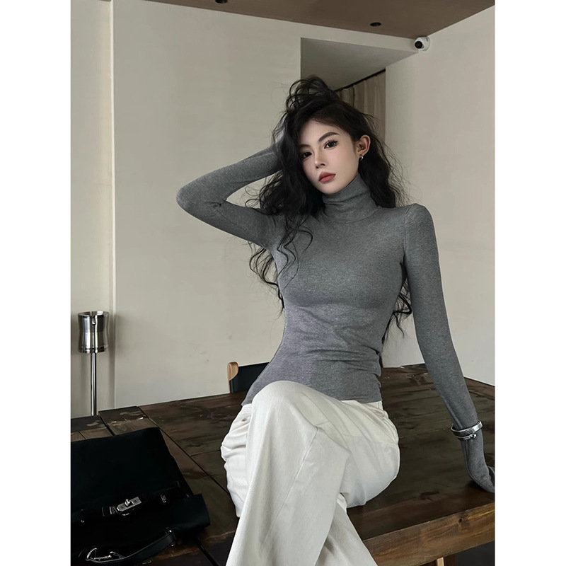 韩版灰色高领长袖T恤女秋季新款收腰修身打底衫纯色紧身内搭上衣|undefined
