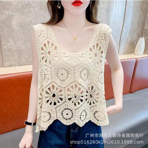 Autumn Ethnic Style Hollow Crochet Floral Fashionable Age-Defying Versatile Unique Design Round Neck Sleeveless Women's Vest Top