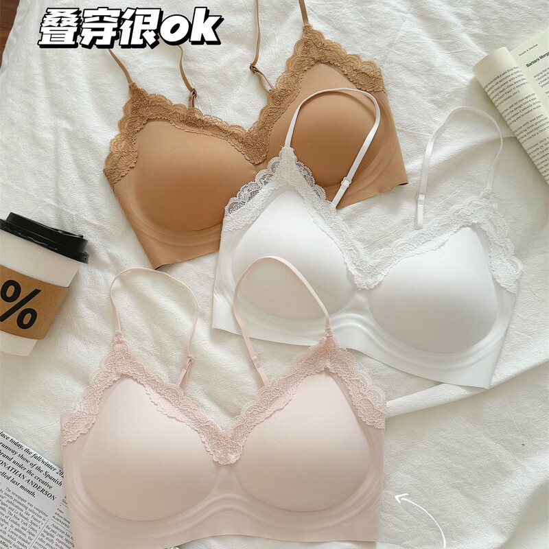 女性用快適レースシームレスレース下着、薄型小胸プッシュアップゼリーストリップビューティーベスト風スパゲッティストラップブラジャー|undefined