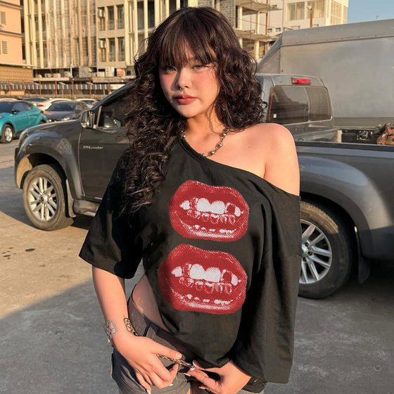 American-style Street Vacation Style Hip-hop Mouth Printed Loose Slim Shoulder T-shirt Distinctive All-match Casual Top