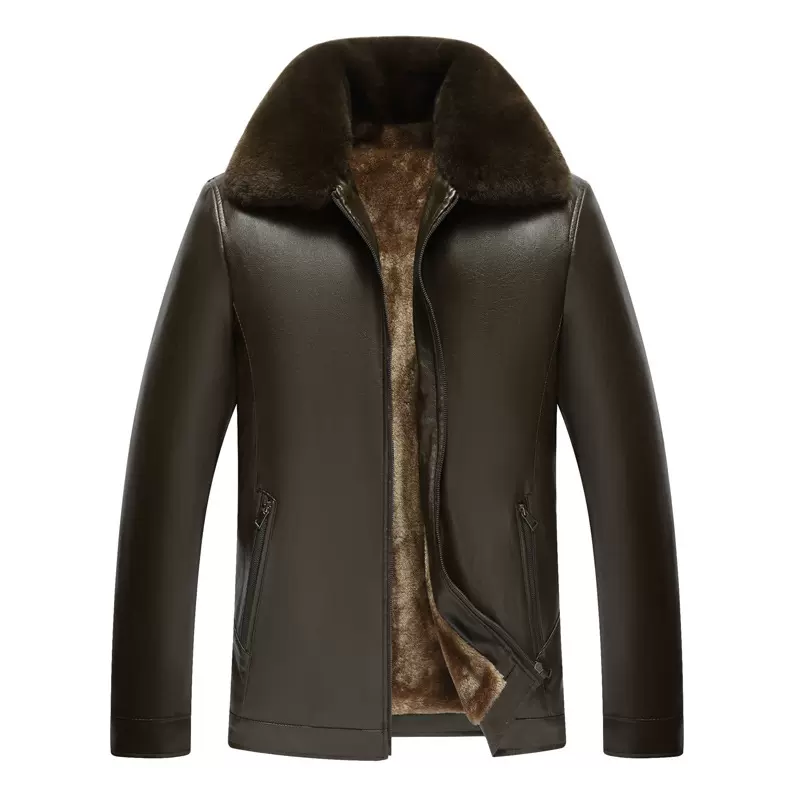 树林鸟2021新款中老年皮衣男加绒加厚毛领翻领休闲皮夹克外套批发