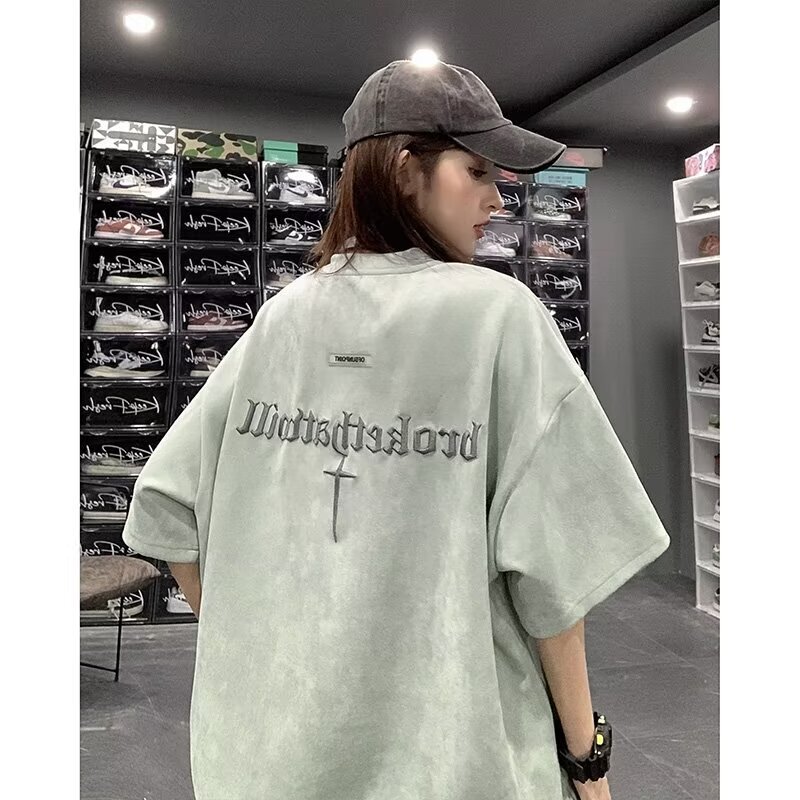 Pu Shuai embroidered short sleeve T-shirt summer new American retro loose top heavy suede half sleeve t-shirt for men Pu Shuai embroidered short sleeve T-shirt summer new American retro loose top heavy suede half sleeve t-shirt for men