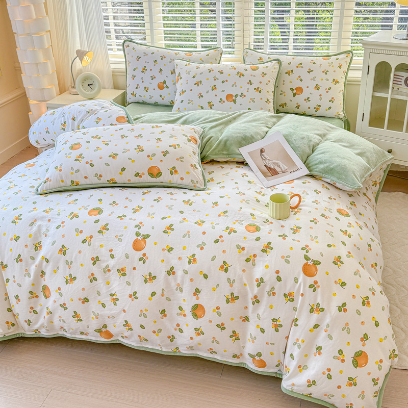 All-Cotton Fleece Four-Piece Set, Thickened Ab-Side Pure Cotton Fleece Duvet Cover, Bed Sheet, Warm Flannel Three-Piece Bedding Set