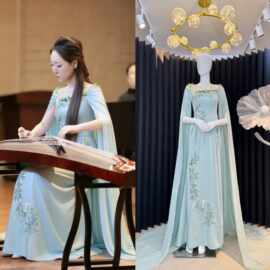 中式晚礼服女主持人舞台表演古筝琵琶民歌声乐绿色独唱演出服长裙