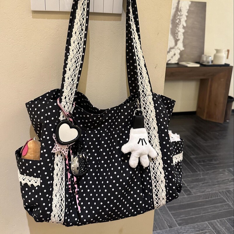 Canvas Bag with Black and White Polka Dots, French-Style Tote Bag, Color-Blocking Bag, Versatile Large-Capacity Shoulder Bag for Commuting, Underarm Handbag Xb