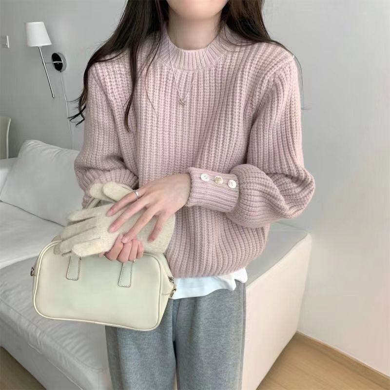 韩版秋冬季新款 纯色灯笼袖套头毛衣女设计感时尚休闲 内搭针织衫|undefined