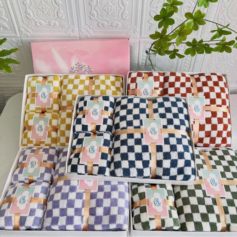 高品质高密珊瑚绒毛巾浴巾吸水亲肤柔软棋盘格套巾三件套礼盒批发|undefined
