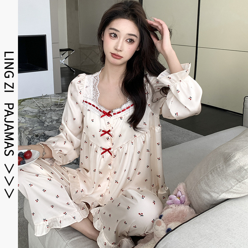 2025 New Ice Silk Pajamas Women Thin Sweet Mini Cherry Printed Long Sleeve Trousers Home Clothes suit