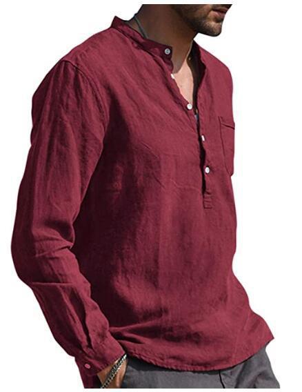 Herren Casual Hemd Mit V-ausschnitt Aus Baumwolle Und Leinen_voghion.com
