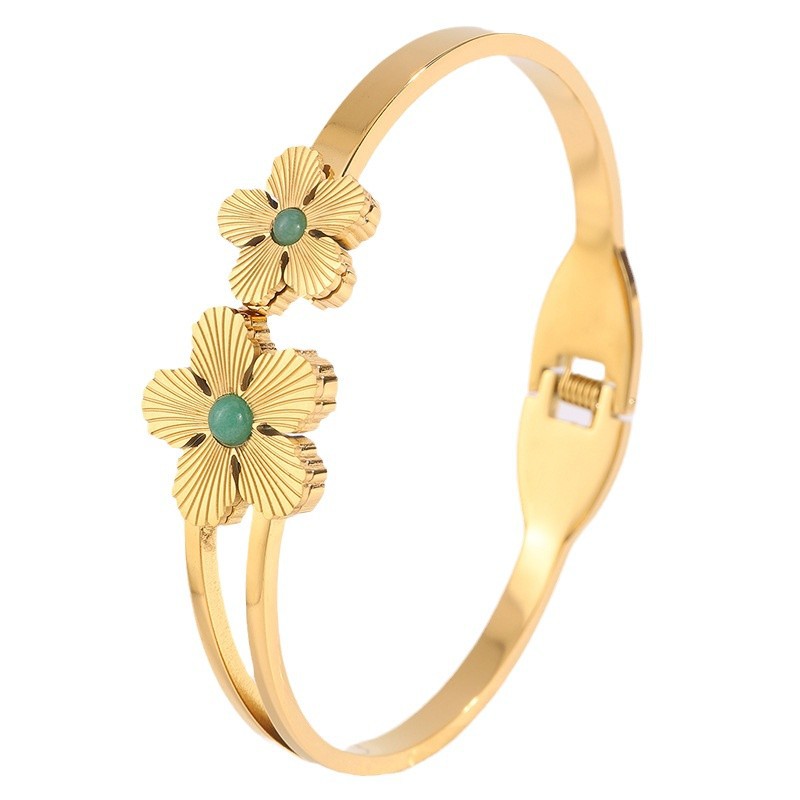 Brazalete de acero de titanio para mujeres de alta calidad de cinco pétalos de piedra turquesa incrustado pulsera de apertura elástica no se desvanece brazalete de estilo europeo