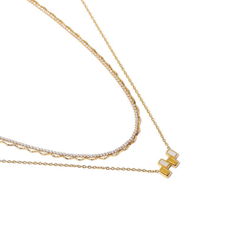 Alta retención de color chapado en oro vacío real ins Corea del Sur natural madre Shell cuadrado titanio collar de acero de doble capa collar de circón para las mujeres image 5