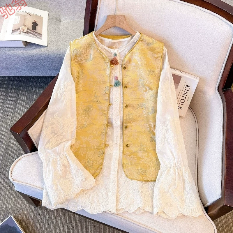 X1Q желтый новый китайский стиль жилет набор из двух частей женский 2025 новая весна и осень носить полный набор высоких