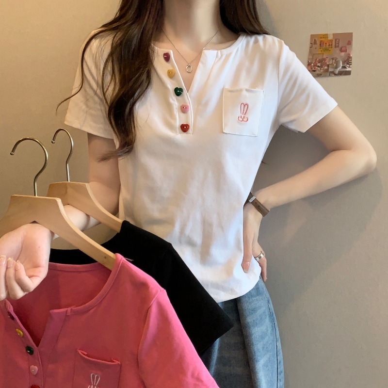 清仓捡漏大码微胖V领正肩短袖T恤女夏季新款胖mm宽松显瘦遮肉上衣