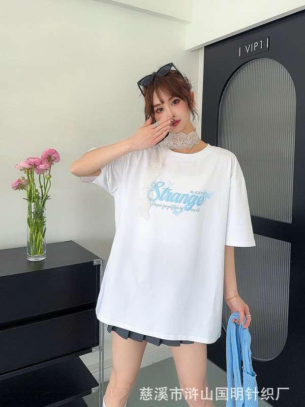 2025 レタープリント Tシャツレディース夏新作ゆったり大判ロング半袖前後発泡立体大判プリント|undefined