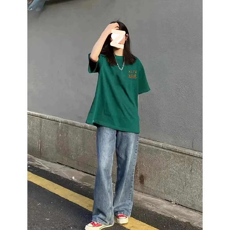2025 ранняя весна новые топы американский ретро темно-зеленый плотный хлопок короткий рукав футболка женская летняя свободная ленивый стиль